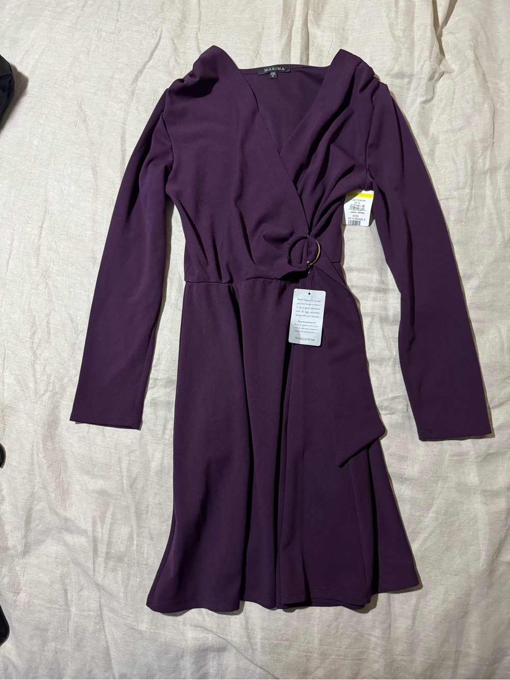 Marina Plum Purple Wrap Dress Long Sleeve Ring Detail Size Small NWT
